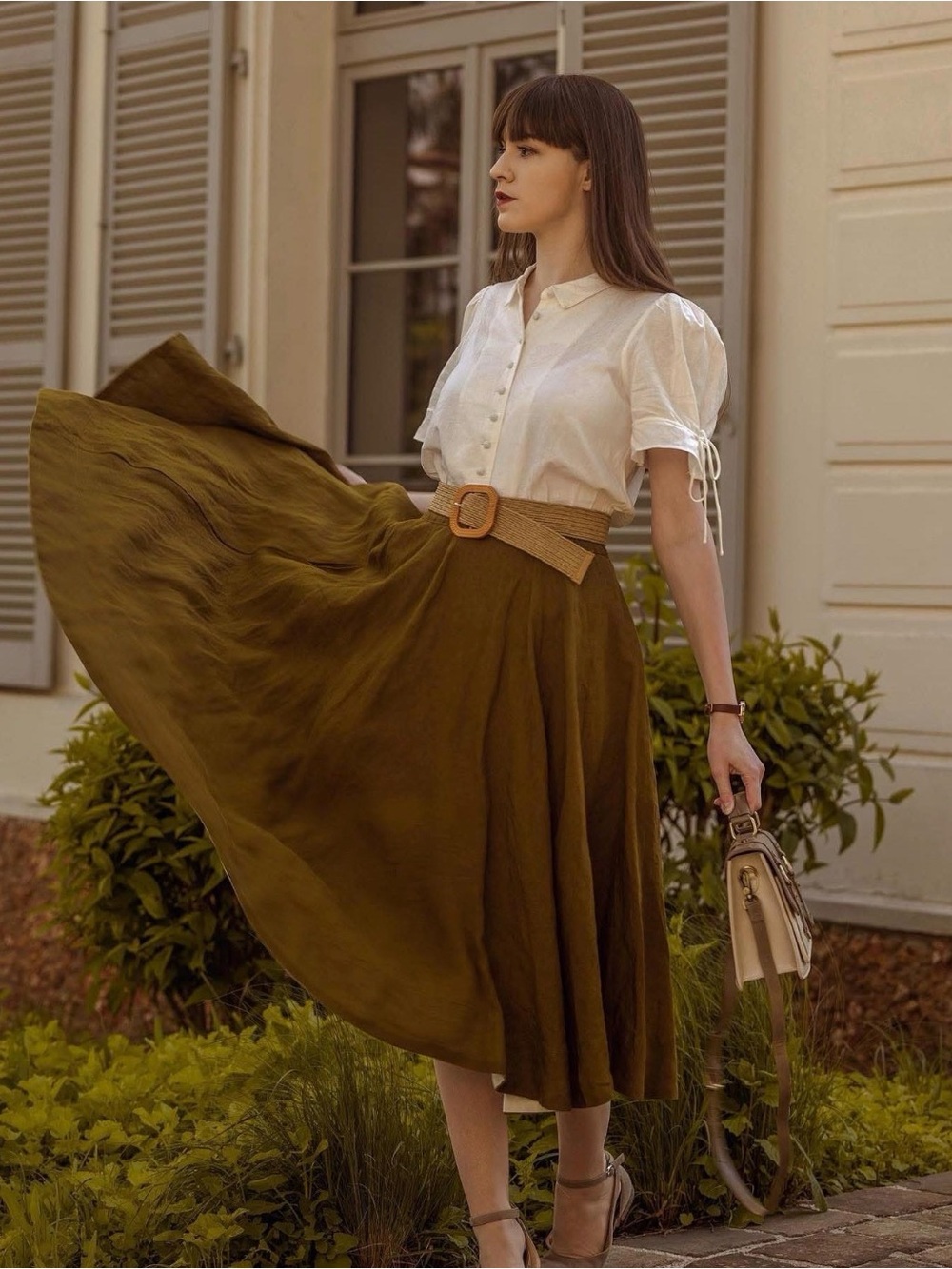 Son de Flor Linen Olive Green Full Midi Skirt